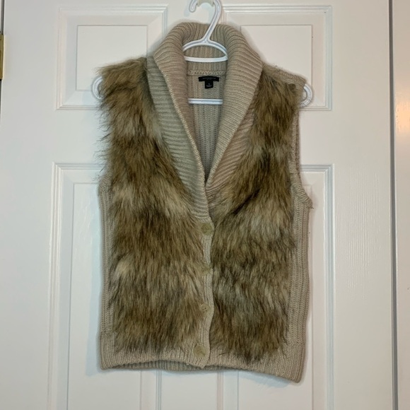 Ann Taylor Faux Fur Sweater Vest Merino Wool Modal Cashmere Beige Size Small - Picture 1 of 7